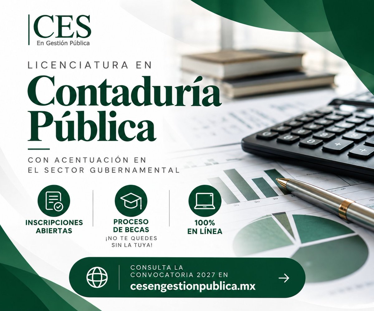 cesengp's tweet photo. 🎓 ¡Convocatoria 2027 abierta!

Estudia la Licenciatura en Contaduría Pública con Acentuación en el Sector Gubernamental. 📊🏛️

✅ Inscripciones abiertas
🎓 Becas disponibles
💻 100% en línea

¡No te quedes sin la tuya!

🌐 https://t.co/eYUwTMjnpK https://t.co/s0bNxaTbxv