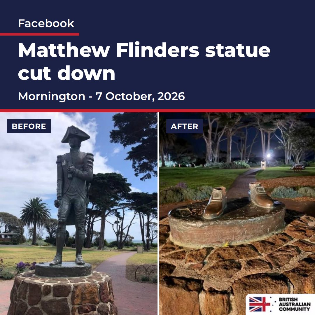 Brit_Aus_Com's tweet photo. 🚨 MATTHEW FLINDERS STATUE CUT DOWN 🚨

98 recorded attacks on our memorials and monuments since 2014, and 23 in 2026 alone.

The bronze statue of Captain Matthew Flinders in Mornington Park has been cut from its plinth, leaving only his boots behind.

Flinders charted Port Phillip from this very headland in 1802, went on to circumnavigate the continent and championed the name "Australia".

Where's the urgency? Where's the security funding? Where's the outrage from our political class?
