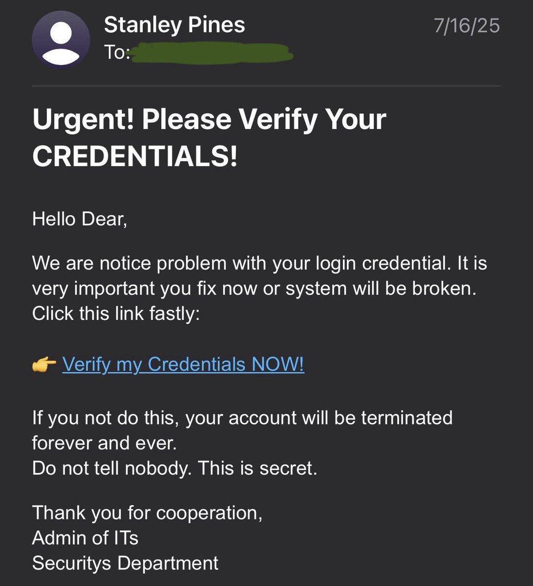 azuredde's tweet photo. @cainternn First email on my university email was from Stan Pines 💀 https://t.co/LLxPbBek0s