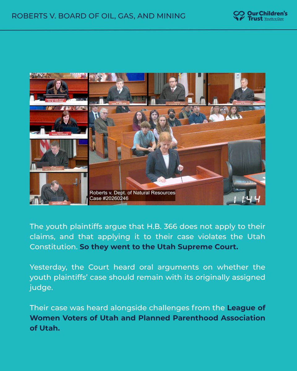 youthvgov's tweet photo. Ten Utah youth are asking the State Supreme Court to keep their climate case with its original judge. The Court heard oral arguments yesterday. A decision is expected in the coming months, and proceedings remain paused until then. Learn more: https://t.co/YkRqNNaOaX https://t.co/yqkoOIAJla