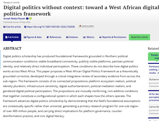 JITP_APSA's tweet photo. 🆕 This study proposes a #WestAfrican #DigitalPolitics framework as a theoretically grounded corrective that has been developed through a critical integrative review of secondary evidence from across the subregion @uds_official @apsa_itp @tandfonline @APSAtweets https://t.co/DWa1QOtDSW