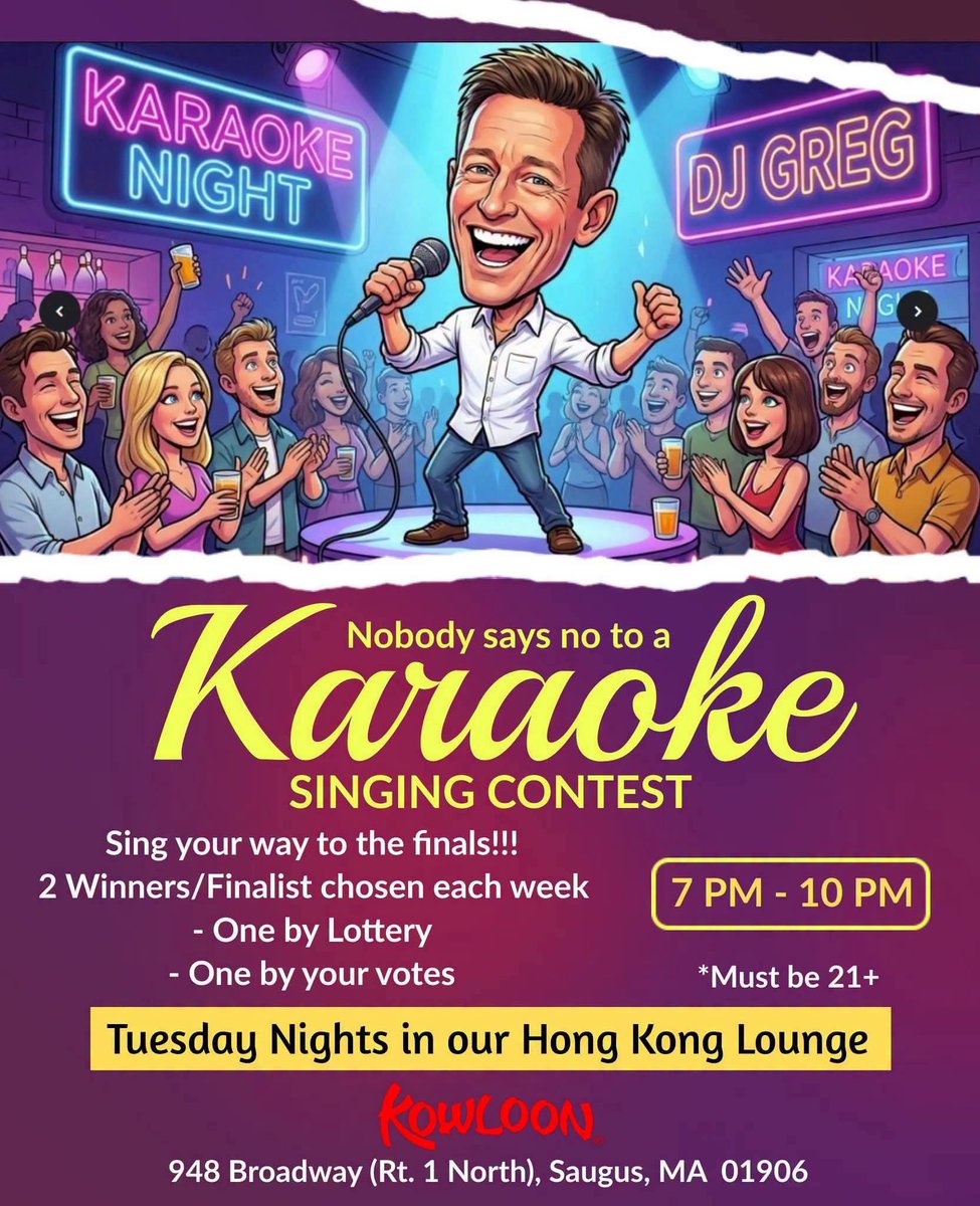 KowloonSaugus's tweet photo. Tonight! Karaoke Singing Contest in our Hong Kong Lounge from 7 - 10 pm. Sing your way to the finals!! 2 winners/finalists chosen each week...one by lottery and one by your votes! 

Eat, Drink, Sing Out Loud!

Must be 21+.

#KowloonRestaurant
#KaraokeSingingContest
#MusicMaiTaisSaugusWings