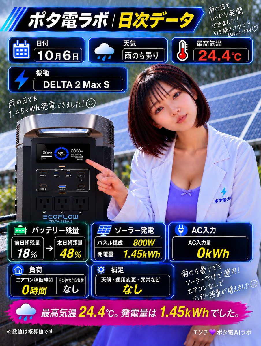 potaden_lab's tweet photo. 【ポタ電ラボ｜10月6日】

🌧 雨のち曇り
🌡 最高気温 24.4℃

🔋 DELTA 2 Max S
☀️ ソーラー 800W
⚡ 発電量 1.45kWh
🔌 AC入力 0kWh
🔋 朝残量 18% → 48%
❄️ エアコン稼働 0時間

今日は雨のち曇りで、発電量は1.45kWh。
それでも AC入力は0kWh ✨

しかもエアコン稼働なしだったこともあって、
バッテリー残量は 18% → 48% まで回復🔋

天気が悪めでも、しっかり貯められた1日でした☁️☀️

大きな負荷、運用変更、異常はなし。
こういう日のデータ、かなり面白いね☺️

#ポタ電ラボ #EcoFlow #DELTA2MaxS #ポータブル電源 #ソーラー発電