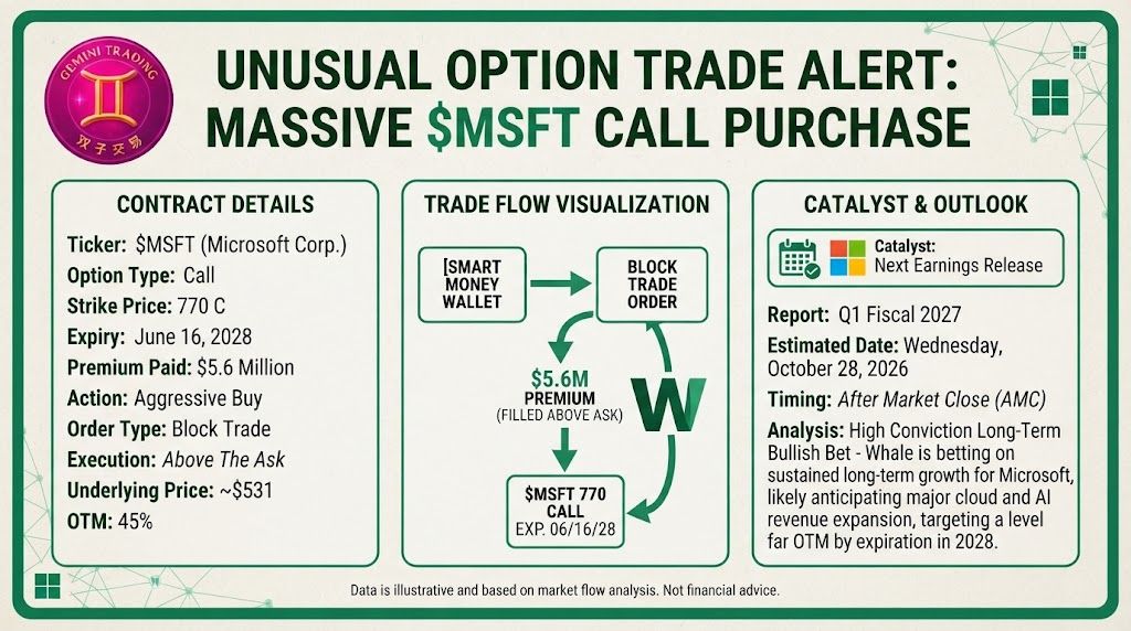 🚨 FLOW PRINT #80: $MSFT — $5.6M, 619 DTE. The 20-MONTH MOONSHOT. Longest-dated EVER. Thread. 🧵
THE CONTRACT 📋
Jun-16-28 $770 calls (monthly). $5.6M. Block, A