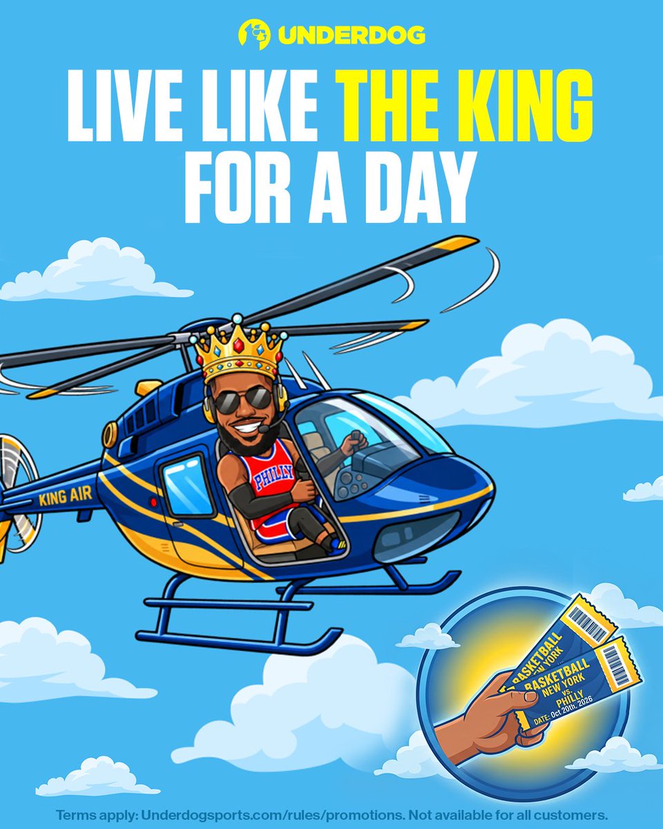 Underdog's tweet photo. 🚨 LIVE LIKE THE KING GIVEAWAY 🚨

One lucky winner will get:
👑 Helicopter ride from NYC to Philly and back
👑 Up to $5k for travel and lodging in NYC in reimbursements
👑 2 tickets to the Knicks season opener

To enter:
1️⃣ Repost this
2️⃣ Follow @Underdog
3️⃣ Follow @UnderdogNBA https://t.co/pE7tuYOij2