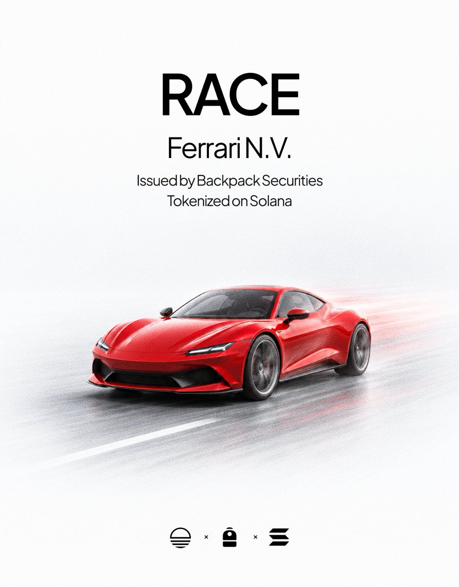 BackpackOnchain's tweet photo. Issued by Backpack Securities, $RACE is now listed on @Solana with @Sunrise.

▸ Redeemable 1:1 for Ferrari shares
▸ Transferable to traditional brokerages

Ferrari designs, engineers and produces luxury performance sports cars, with additional activities across racing and lifestyle.