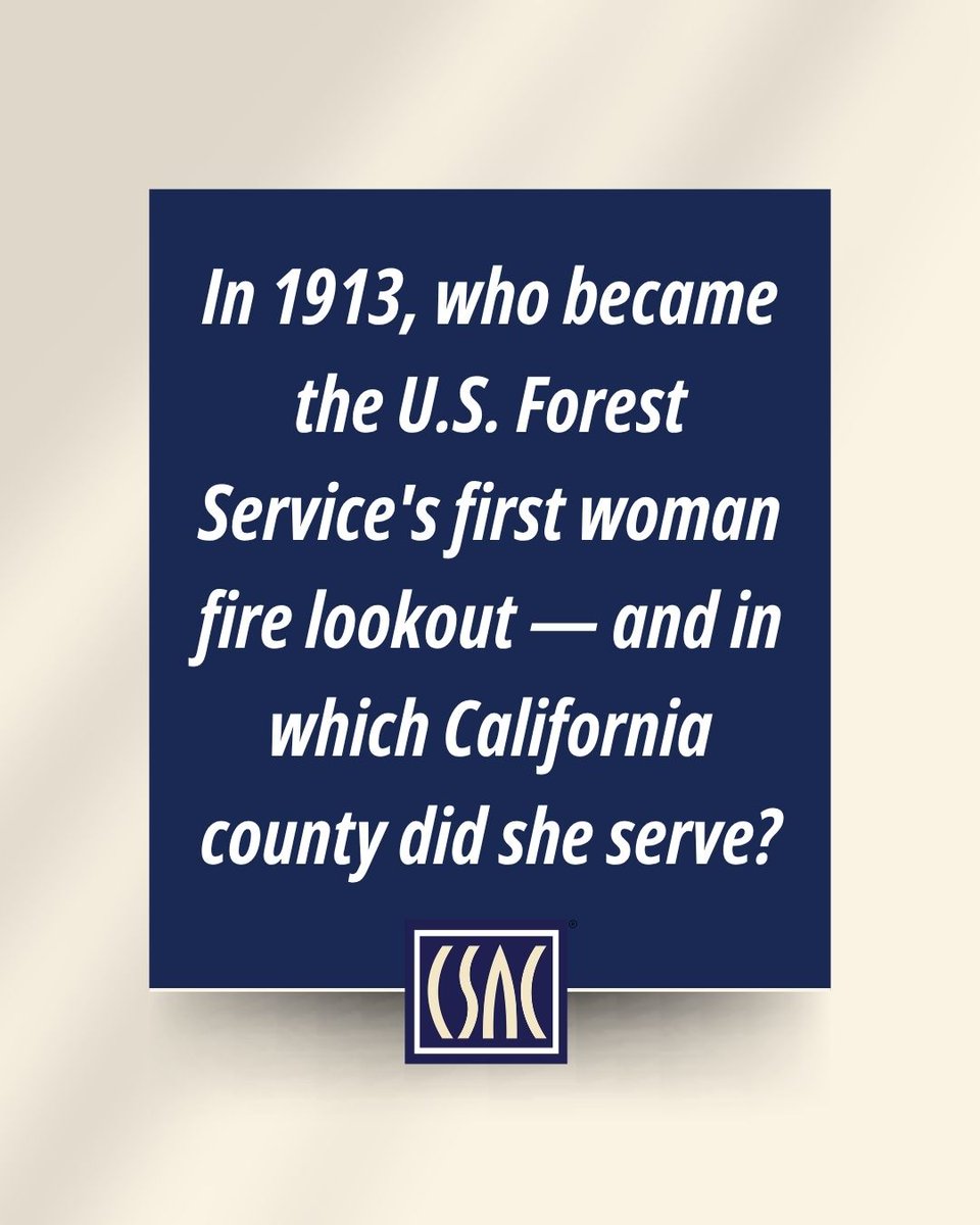 CSAC_Counties's tweet photo. During Fire Prevention Week, we’re looking back at a trailblazer. In 1913, who became the @forestservice’s first woman fire lookout — and in which California county did she serve?

Share your best guess in the comments! 👇

#FunFactFriday #FirePrevention #FirePreventionWeek https://t.co/wfCFAcXFxR