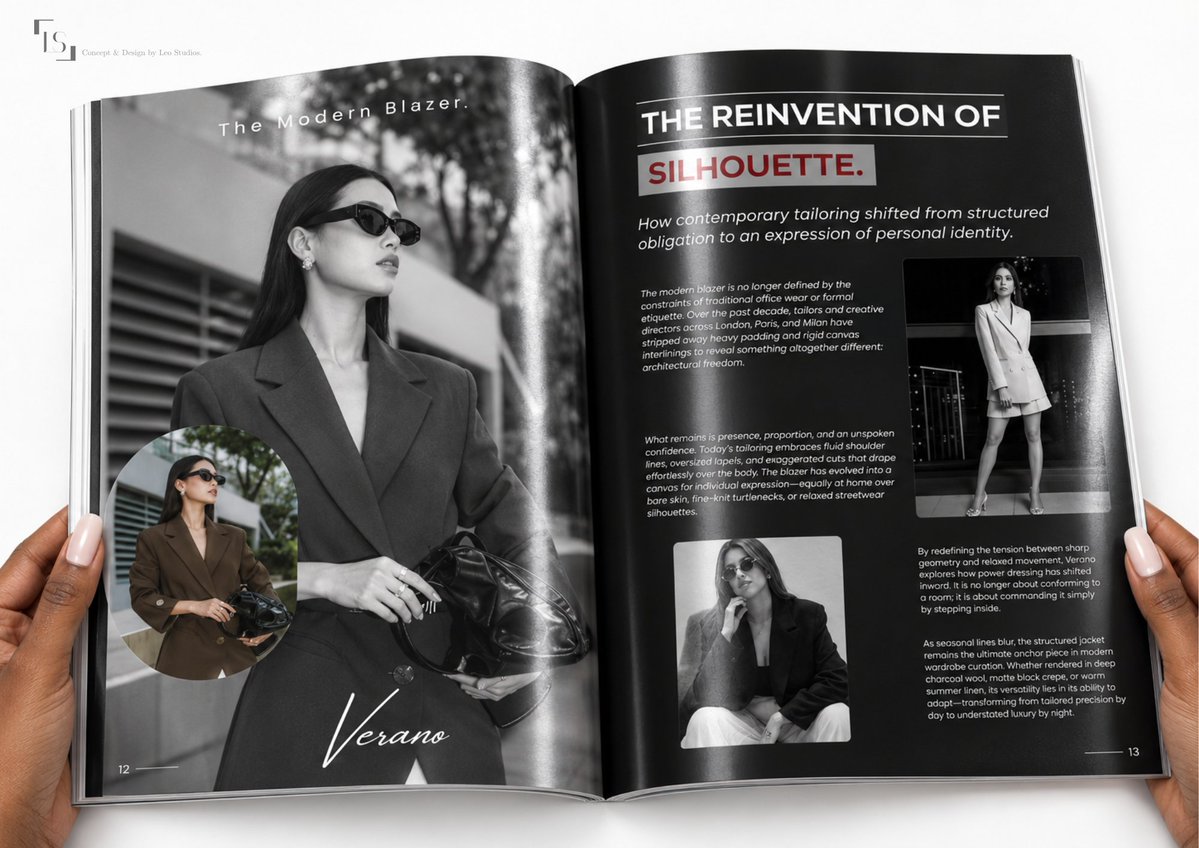 LeoStudios_'s tweet photo. Editorial design concepts.

​We continued the Verano magazine design with a double-page spread. 🖤🌹

​• Pg. 12: Full-bleed imagery &amp; silhouette composition
• Pg. 13: Editorial layout &amp; typographic hierarchy
#graphicdesign #graphicdesigner #magazinespread https://t.co/zz7w5KAw0F