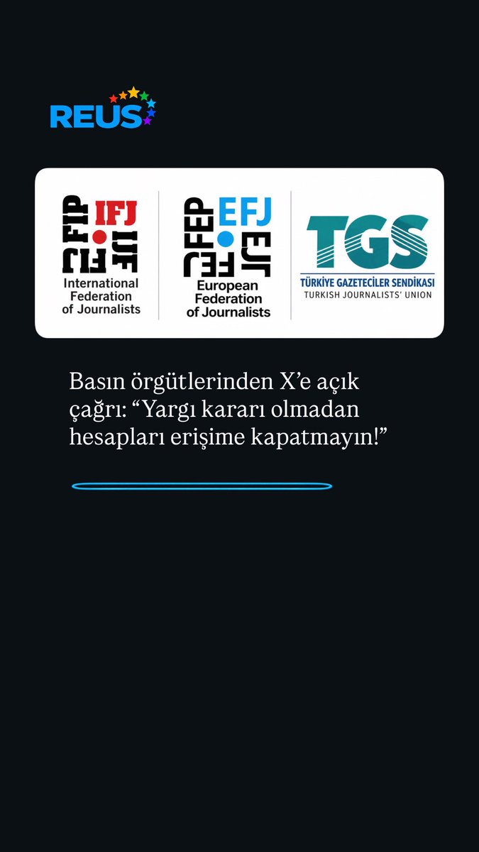 reus_eu's tweet photo. Uluslararası Gazeteciler Federasyonu ( @IFJGlobal ), Avrupa Gazeteciler Federasyonu ( @efjeurope ) ve Türkiye Gazeteciler Sendikası ( @TGS_org_tr ), Türkiye’de gazetecilerin ve medya kuruluşlarının X hesaplarına yönelik erişim engelleri nedeniyle X yönetimine açık çağrıda bulundu https://t.co/0IBcE6h8XY