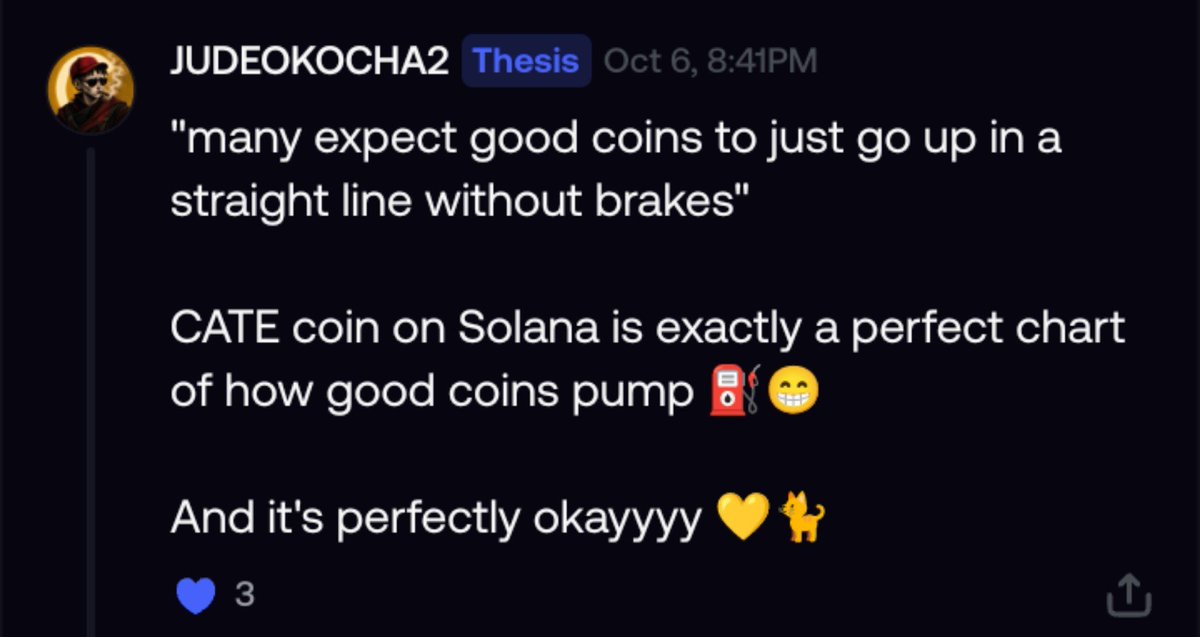 JUDEOKOCHA2's tweet photo. Many expects good coin's to just go up in a straight line without brakes lols, that's not how this works.

$CATE on $SOL is showing you exactly how real runner moves.
It pumps, shakeouts, consolidation, higher lows ,& then the next leg.

Look at the chart, we went From 55M to 75M , flushed paperhand and we have been accumulating around 60M for weeks now this is healthy and this is how we build a base for 300M - 500M + 

Cat don't rush,it's perfectly okay.

Cate to 8 fig Market cap is programmed 💛🐈
Next stop is ATH breakout, don't FADE CATEMUNITY.