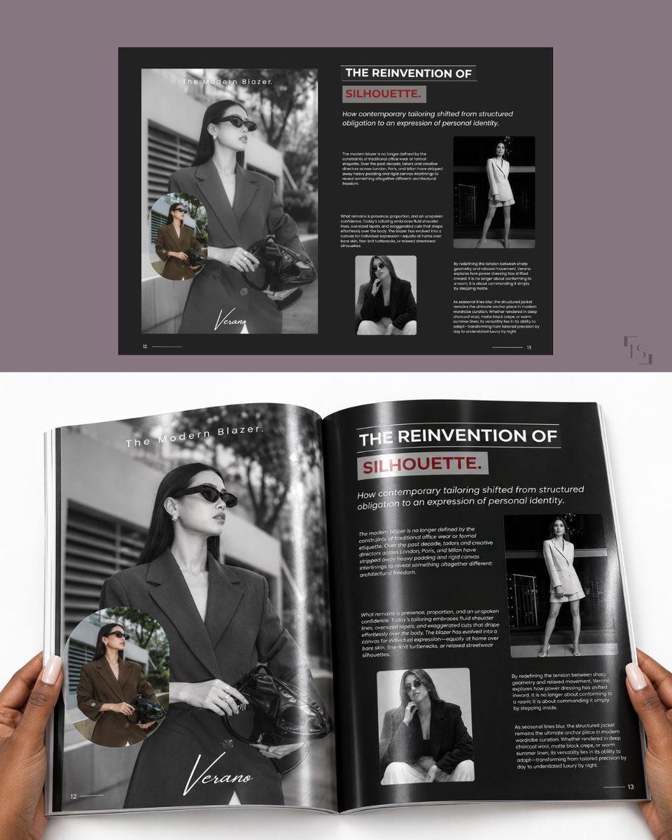 LeoStudios_'s tweet photo. Editorial design concepts.

​We continued the Verano magazine design with a double-page spread. 🖤🌹

​• Pg. 12: Full-bleed imagery &amp; silhouette composition
• Pg. 13: Editorial layout &amp; typographic hierarchy
#graphicdesign #graphicdesigner #magazinespread https://t.co/zz7w5KAw0F