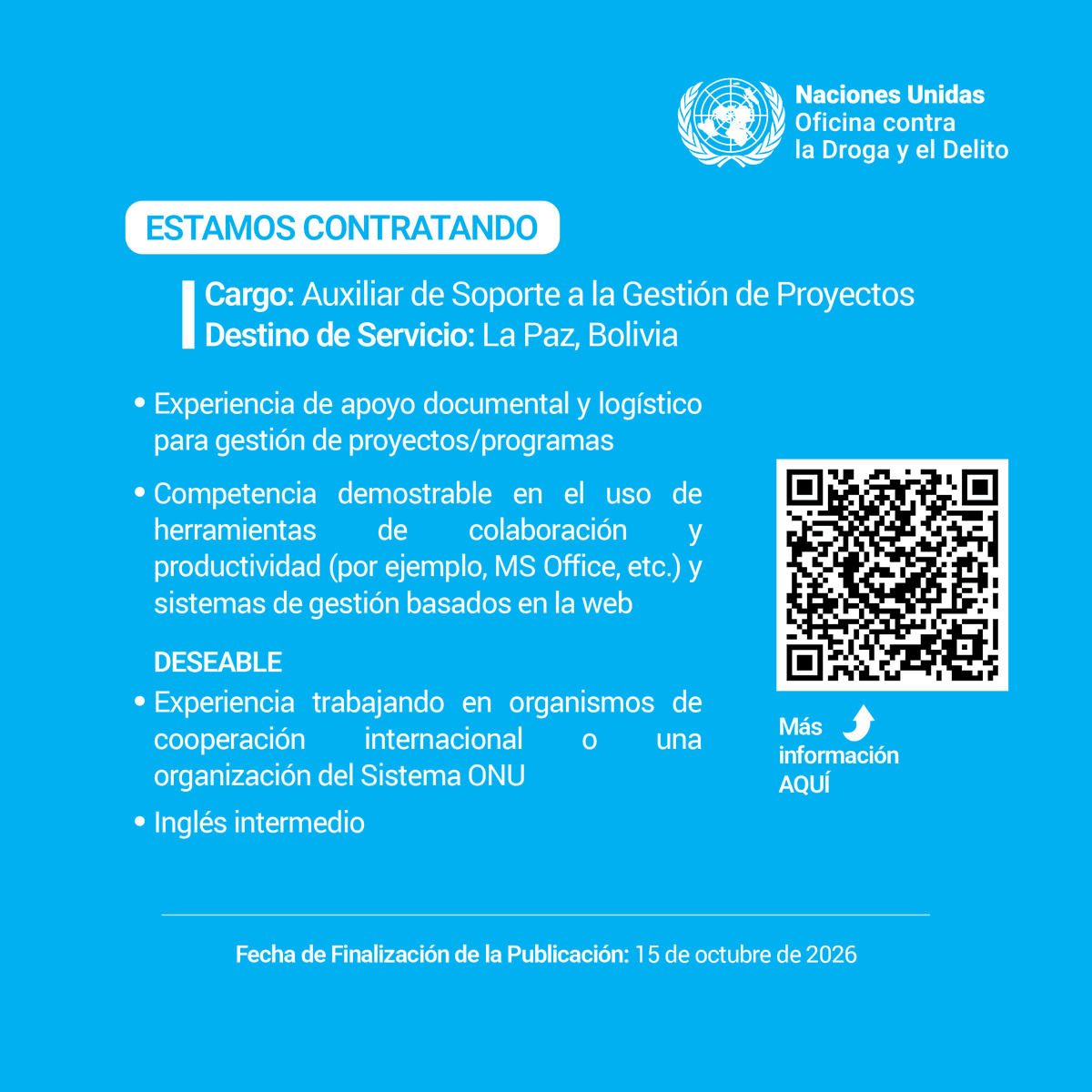 UNODCBolivia's tweet photo. 📢 ¡Únete a la UNODC!
Postula al puesto de Auxiliar de Soporte a la Gestión de Proyectos.
Si tienes experiencia en administración y apoyo a proyectos, revisa los requisitos y postula aquí: https://t.co/7HWVVmFbKs https://t.co/v99i6vDoZ6