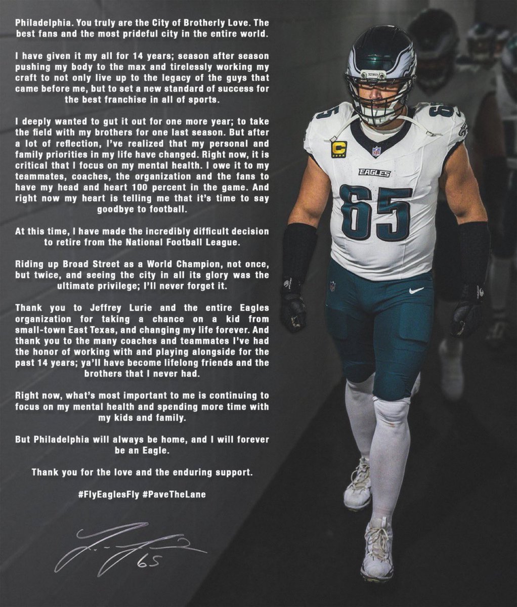 MySportsUpdate's tweet photo. Lane Johnson says prioritizing his mental health was a major factor in his decision to retire:

“Right now, it is critical that I focus on my mental health. I owe it to my teammates, coaches, the organization and the fans to have my head and heart 100 percent in the game.”

Full announcement below:
