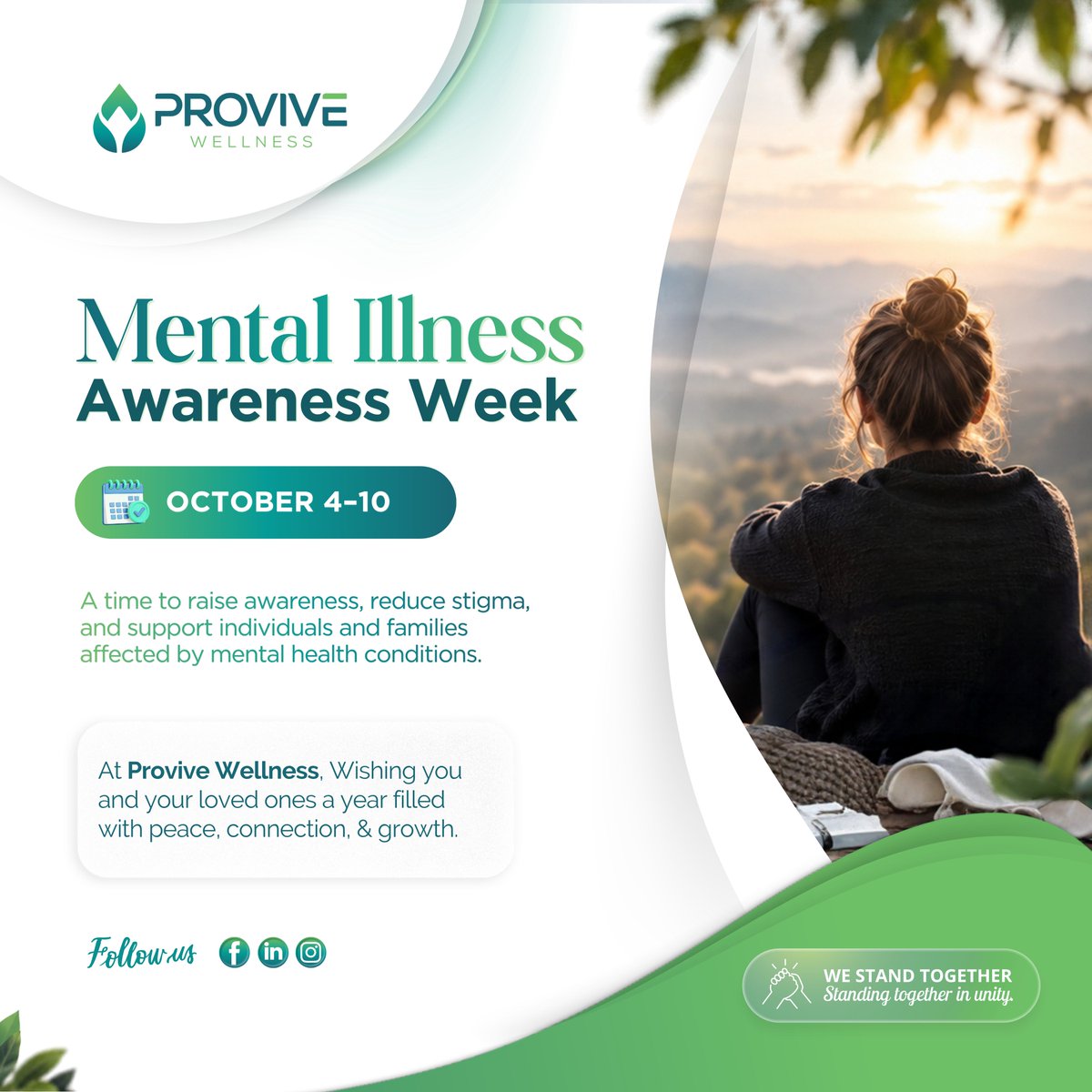 ProviveWellness's tweet photo. October 4–10 is Mental Illness Awareness Week. 💚

A time to raise awareness, reduce stigma, and support individuals and families affected by mental health conditions. You are not alone. We stand together.

#MIAW #EndTheStigma #ProviveWellness https://t.co/Wqj1nifXQY