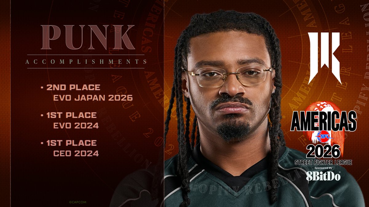 CapcomFighters's tweet photo. .@PunkDaGod joins the @ShopifyRebels squad.

#SFLAMERICAS2026 is almost here.

First matches October 23. https://t.co/VvHs7ndoVA