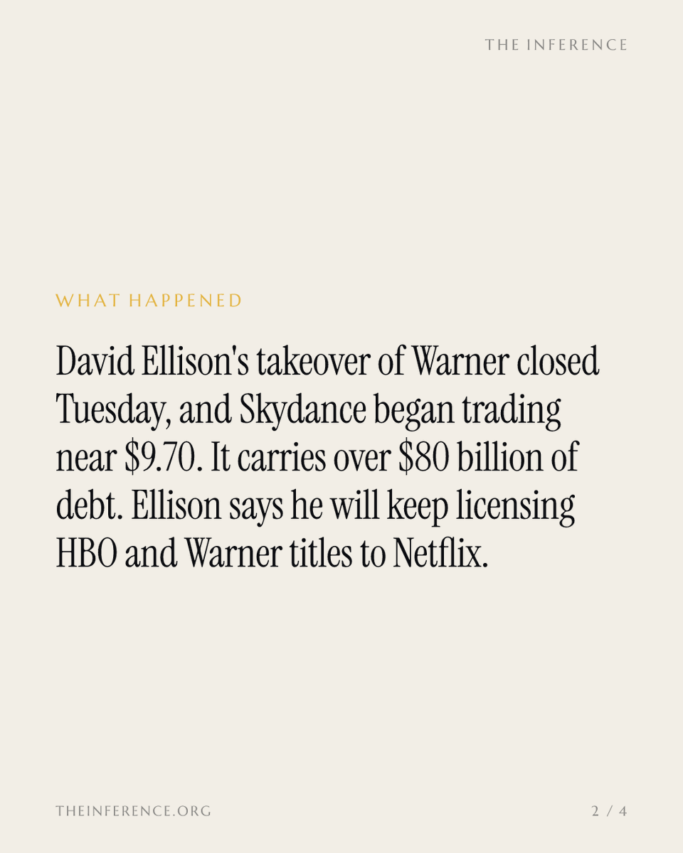 inference_org's tweet photo. Paramount Skydance closed the Warner takeover carrying more than $80 billion of debt. Netflix lost the auction, but a rival that needs cash is also a seller. Its licensing pipeline runs straight to Netflix's 325 million subscribers.

https://t.co/ASfAdZCoJA https://t.co/pUNknmqkOp