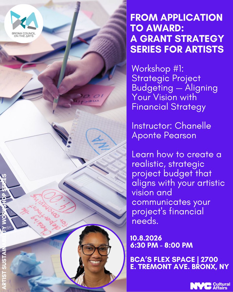 BronxArtsOrg's tweet photo. 🎨 BCA's Artist Sustainability Workshop Series is back!

Join us for From Application to Award: A Grant Strategy Series for Artists—a FREE 3-part series covering grant applications, strategic budgeting, grant management &amp; funder relationships.

🕡 6:30–8 PM
📍 BCA’s Flex Space https://t.co/QaKurUjMYa