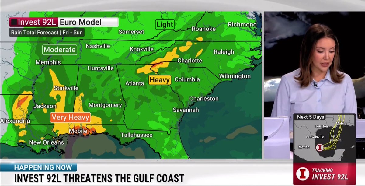 A Weather Channel broadcast shows meteorologist Felicia Combs presenting a map of "Invest 92L" threatening the Gulf Coast, with the Euro Model rain forecast from Friday-Sunday highlighting "Very Heavy" rainfall near Mobile and New Orleans and "Heavy" rain stretching to Charlotte, while an inset map tracks the storm's projected 5-day path toward Houston and Mobile.