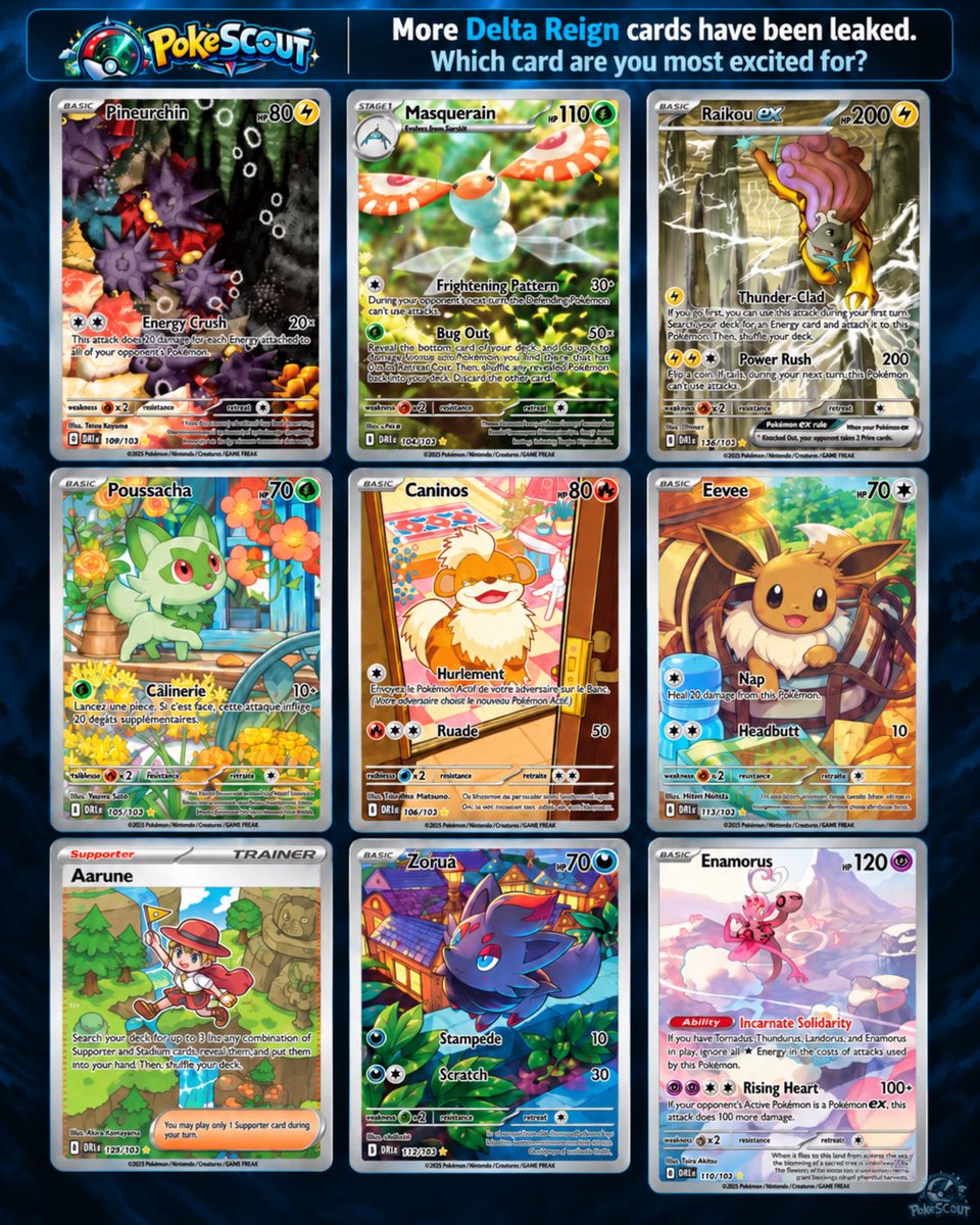 The_Poke_Scout's tweet photo. More Delta Reign cards have been leaked! 

Which one are you most excited about? 

That Raikou 🔥 

PokeScout discord going live this week!! Follow along to find out how you can get the first month free!

That’s how confident we are that we are the best. We are giving away a free month for you to try us out 🤯

#pokemon