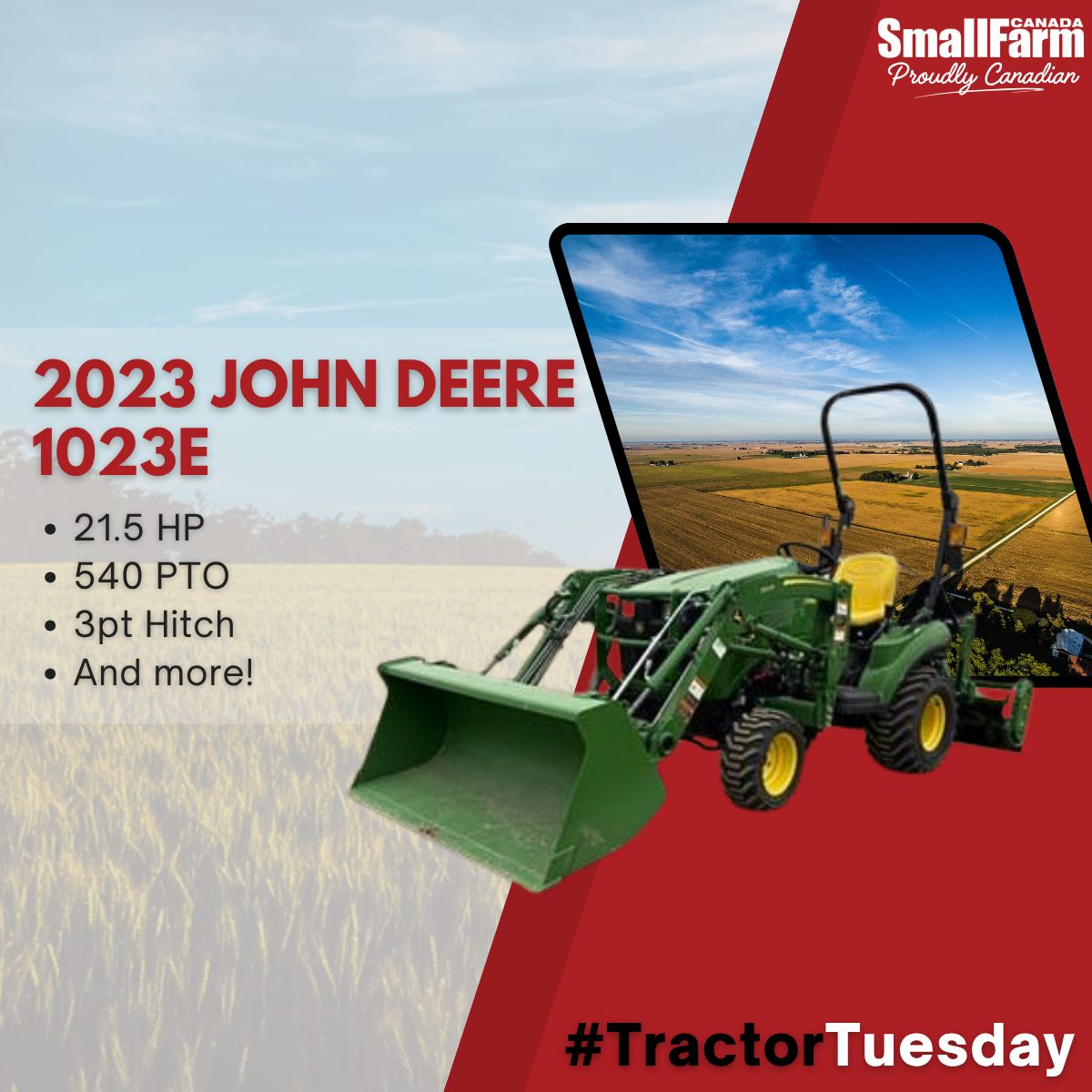 SmallFarmCanada's tweet photo. It's #TractorTuesday!
This week, we are looking at the 2023 John Deere 1023E.
With 21.5 HP, 540 PTO, 3pt Hitch, and more, this tractor is ready for any small farm project!
@PattisonAg has all the specs here ⏬️
https://t.co/MMA3danKt9 https://t.co/GvNFd7Zy6f