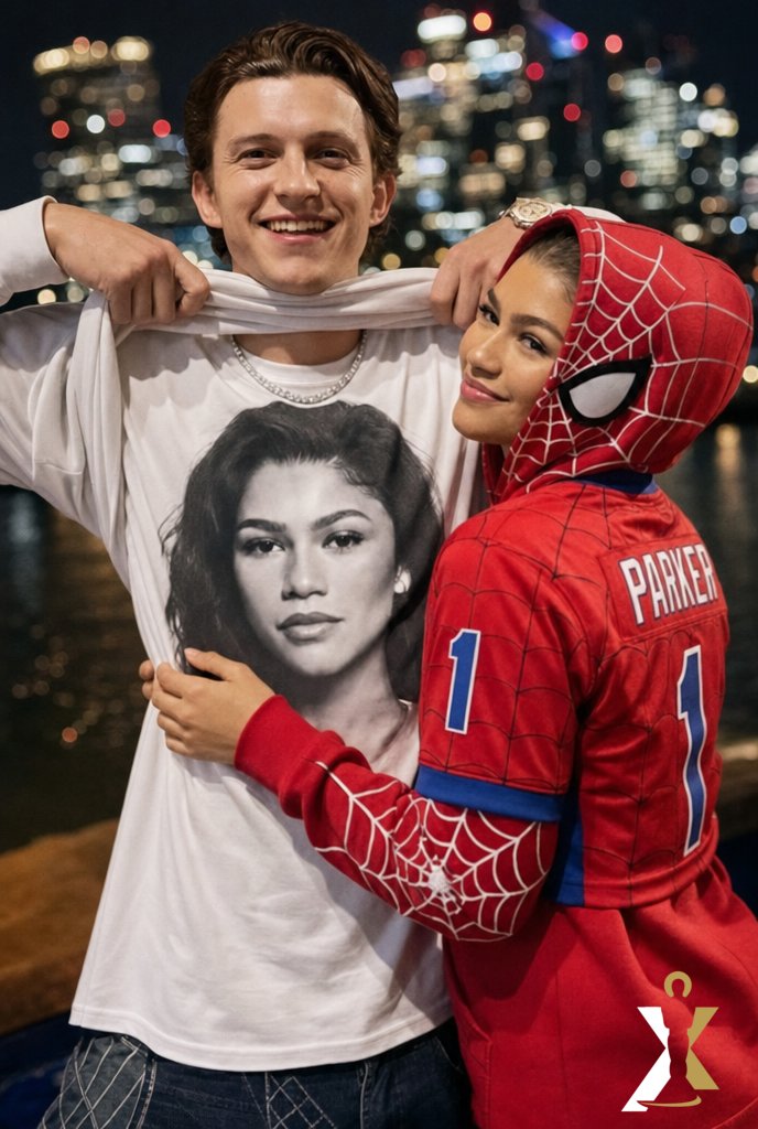hollywoodboxuk's tweet photo. His shirt wears her face, her jersey wears his character's name — couple coordination taken to its funniest level, skyline and all. Best matching-outfit move you've ever seen?

#hollywoodbox #couplegoals #aiart #citynights #candidstyle https://t.co/lx2rp4oSSd