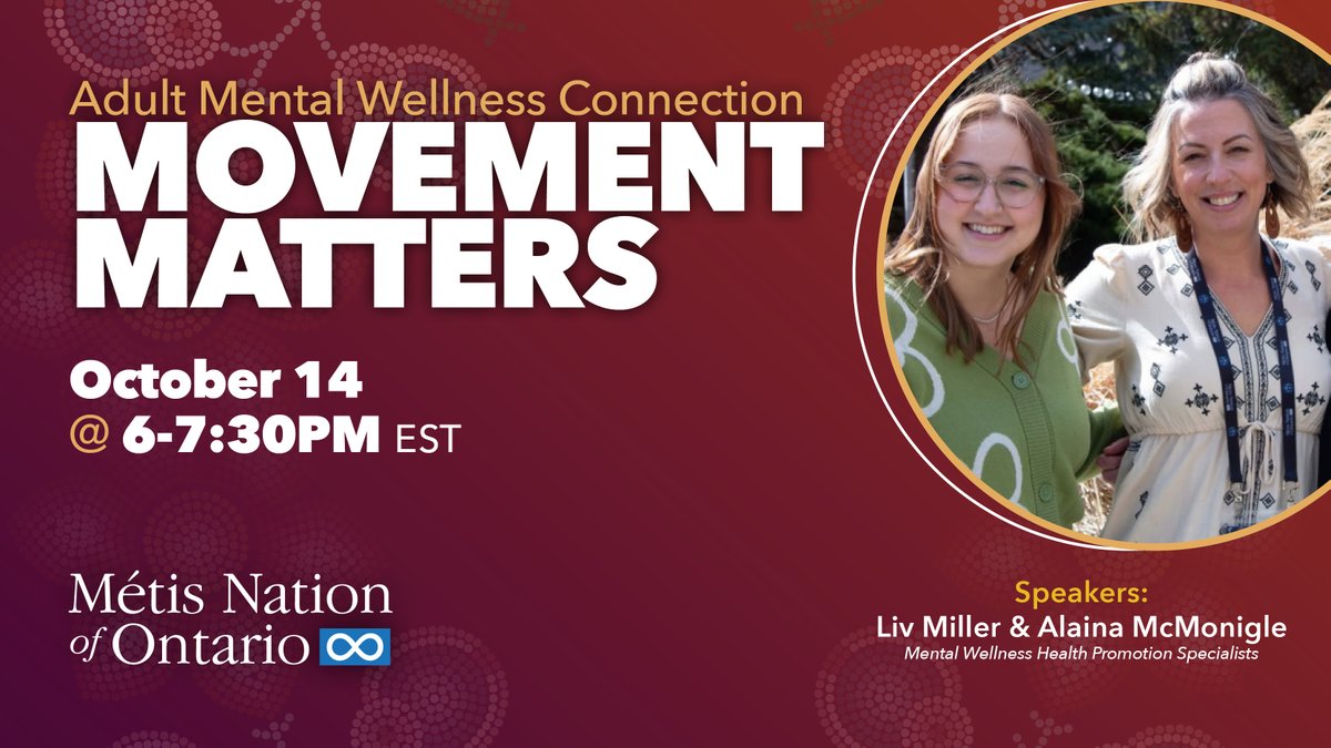 MetisNationON's tweet photo. Movement can support both mental and physical wellbeing - and it can look different for everyone. Join Adult Mental Wellness Connection: Movement Matters on Oct. 14 from 6:00-7:30PM EDT to explore the connection between movement &amp; mental health.

Register: https://t.co/UcAOwPaalP https://t.co/1oMKkF3Xlq
