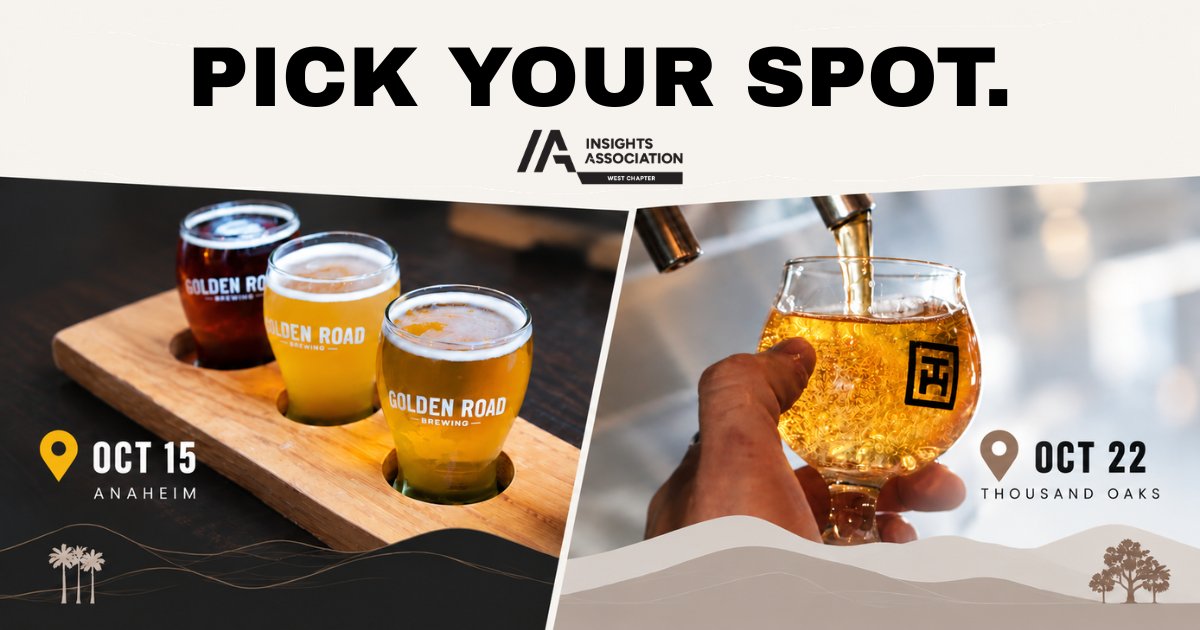 IAWestChapter's tweet photo. Two counties. One insights community. Pick your spot. 
🍻 Oct. 15 | Orange County | Anaheim
🍻 Oct. 22 | Ventura County | Thousand Oaks
Two IA West Insights Socials, one week apart. Join us for one or make it to both!
#InsightsAssociation #MarketResearch https://t.co/I6UO7OJBgZ