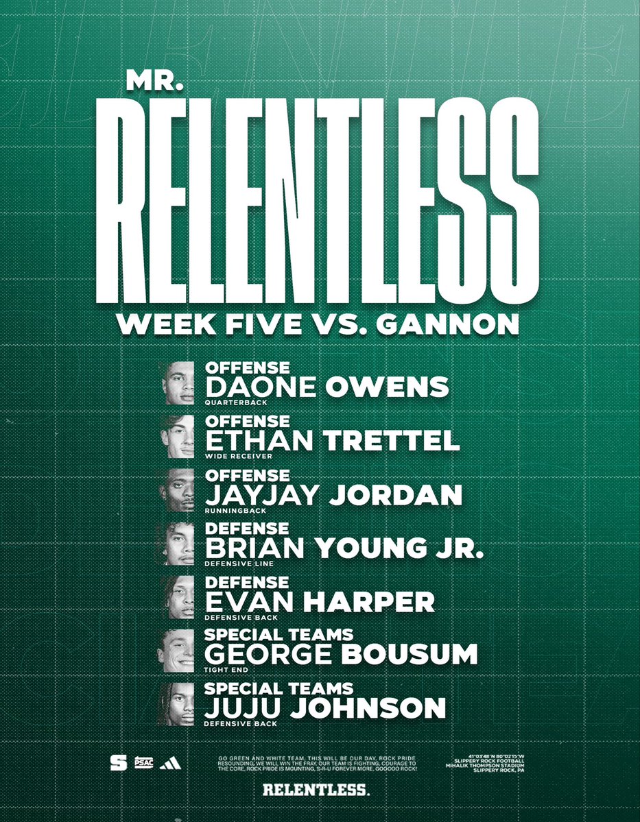 SRURockFB's tweet photo. Mr. Relentless Week Five vs Gannon 🏈

Offense - DaOne Owens, Ethan Trettel, JayJay Jordan
Defense - Brian Young Jr., Evan Harper
Special Teams - George Bousum, Juju Johnson
Scout Offense - Carter Clee, Nate McKnight
Scout Defense - Hayden Hindman

#Relentless https://t.co/ar2dwKmjVq