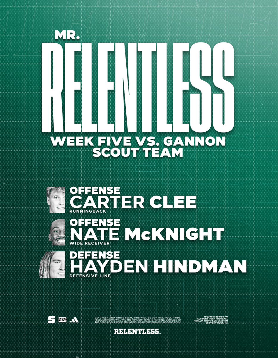 SRURockFB's tweet photo. Mr. Relentless Week Five vs Gannon 🏈

Offense - DaOne Owens, Ethan Trettel, JayJay Jordan
Defense - Brian Young Jr., Evan Harper
Special Teams - George Bousum, Juju Johnson
Scout Offense - Carter Clee, Nate McKnight
Scout Defense - Hayden Hindman

#Relentless https://t.co/ar2dwKmjVq