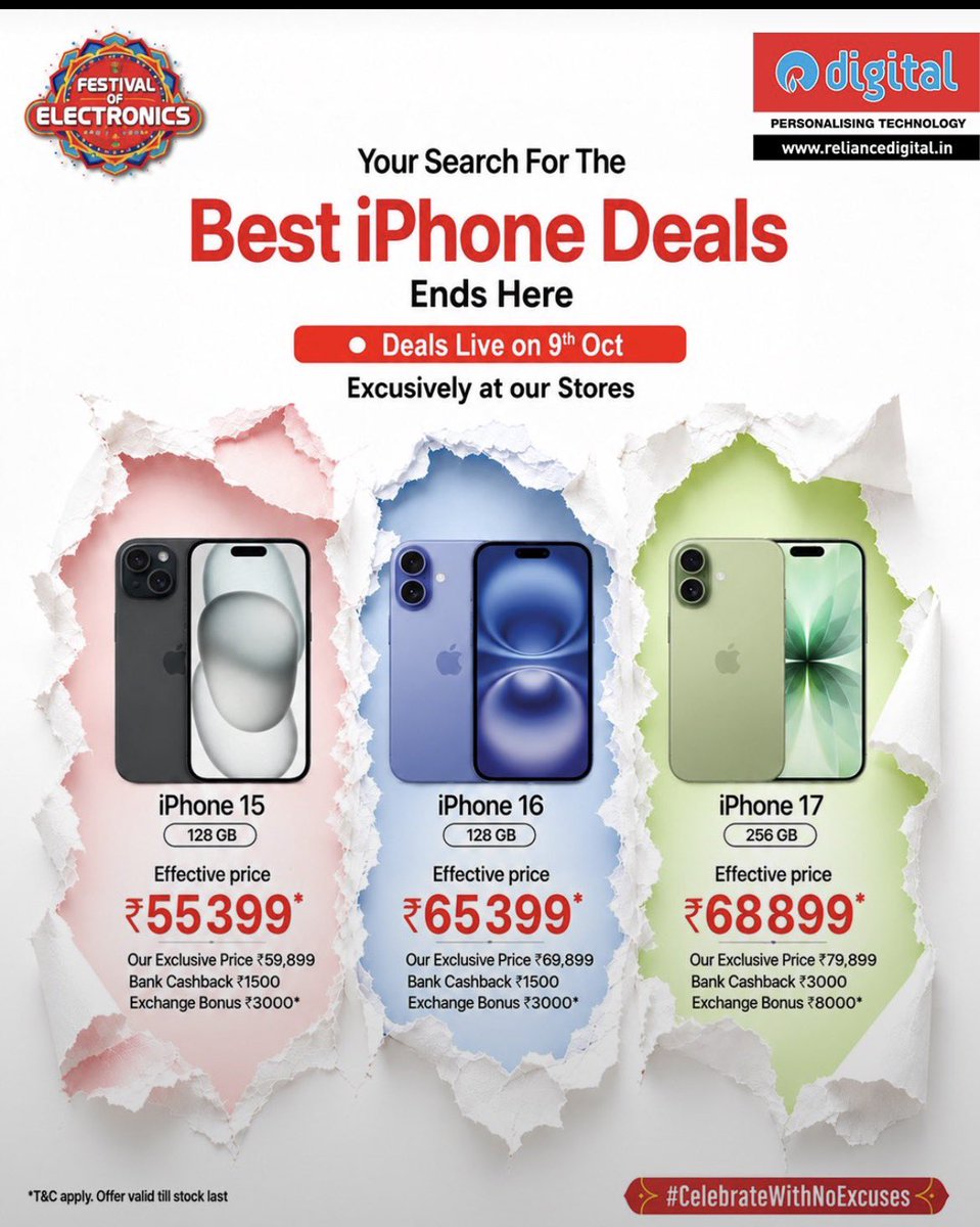 karanpanwar95's tweet photo. Reliance Digital is nailing the deals! 🔥

The Oct 8 sale brings massive price drops on iPhone 15, iPhone 16 &amp; iPhone 17. 📱

Could this be a serious challenge to Flipkart Big Billion Days? 👀

#RelianceDigital #iPhone17 https://t.co/sHI2wFwCdF