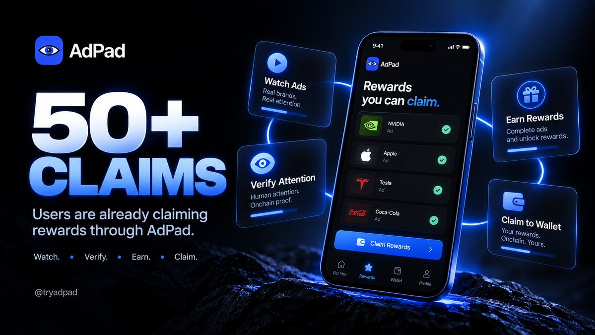tryadpad's tweet photo. 50+ claims already through AdPad.

Real users. Real attention. Real rewards.

And we’re just getting started. https://t.co/MEnxRBWqOj