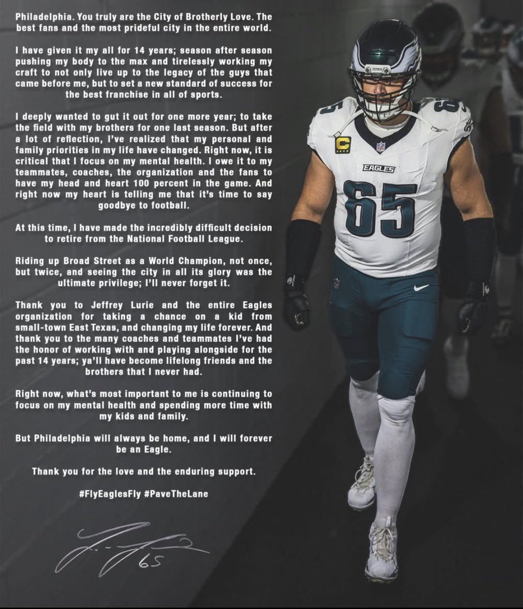 MGreenMafia's tweet photo. Sad to say it. Lane Johnson has announced his retirement. I had a feeling this was the case when he was inactive on Sunday vs the rams. 
Thank you for being the standard and enjoy retirement Champ. https://t.co/uaACoxx9ja