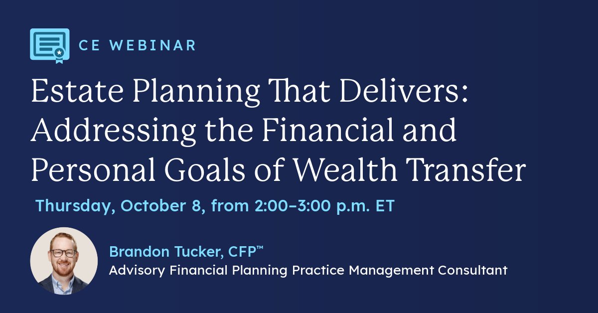 eMoneyAdvisor's tweet photo. A successful estate plan involves more than just tax efficiency and wealth transfer. It focuses on helping clients maintain family relationships, clearly express their wishes, and establish a legacy.

Join our upcoming continuing education webinar, "Estate Planning That Delivers," to explore practical strategies for balancing financial and non-financial planning goals. You'll learn how to utilize technology and scenario modeling to help clients fully understand the impact of their plans.

Don't miss this opportunity to earn CE credit and gain actionable estate planning strategies. Reserve your spot today 👉 https://t.co/QWWFnhlfLy

#estateplanning #financialplanning