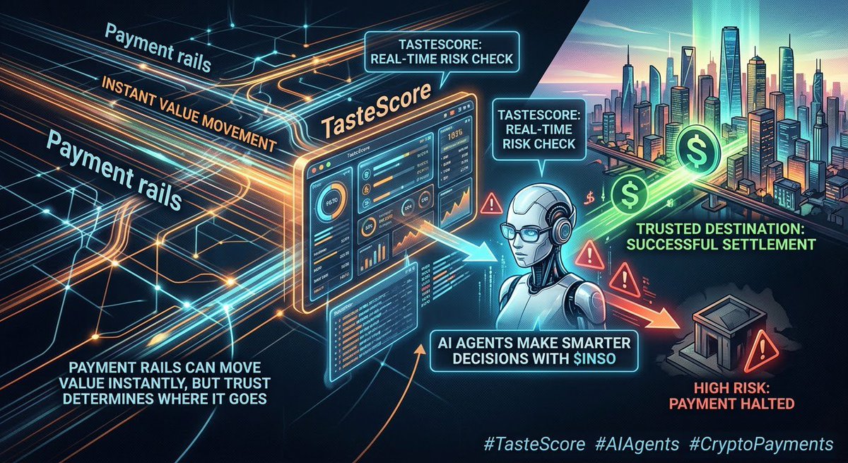 abiola_osuolale's tweet photo. Payment rails can move value instantly, but trust determines where that value should go. TasteScore adds a real-time risk check before settlement, helping AI agents make smarter decisions with $INSO.

#TasteScore #AIAgents #CryptoPayments https://t.co/WYmoaHMiJc