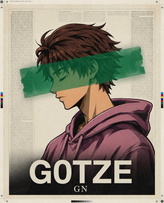 A stylized portrait illustration of a young man with brown hair wearing a purple hoodie, with his eyes covered by a green censor bar, displayed over a newspaper background. The text "GOTZE GN" appears prominently at the bottom, representing the post's request for "good night GANG."