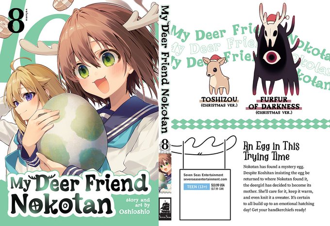 The image shows the cover and interior pages of "My Deer Friend Nokotan" Volume 8, published by Seven Seas Entertainment (rated TEEN 13+), featuring the two main characters with antlers holding a large striped egg, alongside Christmas versions of characters "Toshizou" and "Furefure of Darkness." The promotional text explains that Nokotan has found a mysterious egg that belongs to her mother, Shika, setting up an emotional hatching storyline.
