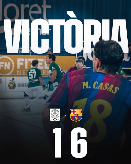 A sports graphic showing a victory for FC Barcelona with a score of 1-6, featuring player M. Casas (#18) from behind in the foreground.