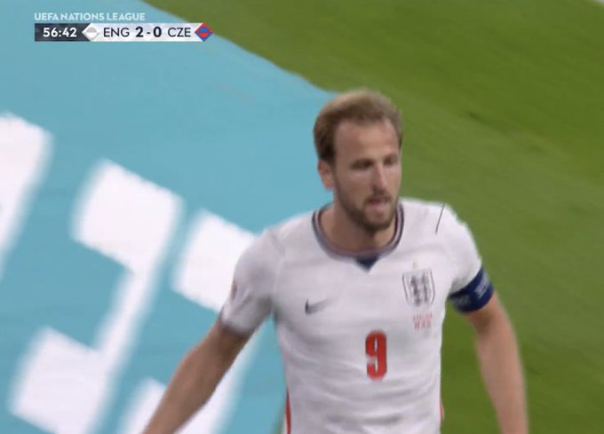 A screenshot from a UEFA Nations League match showing England's #9, with ENG leading CZE 2-0 at the 56:42 mark.