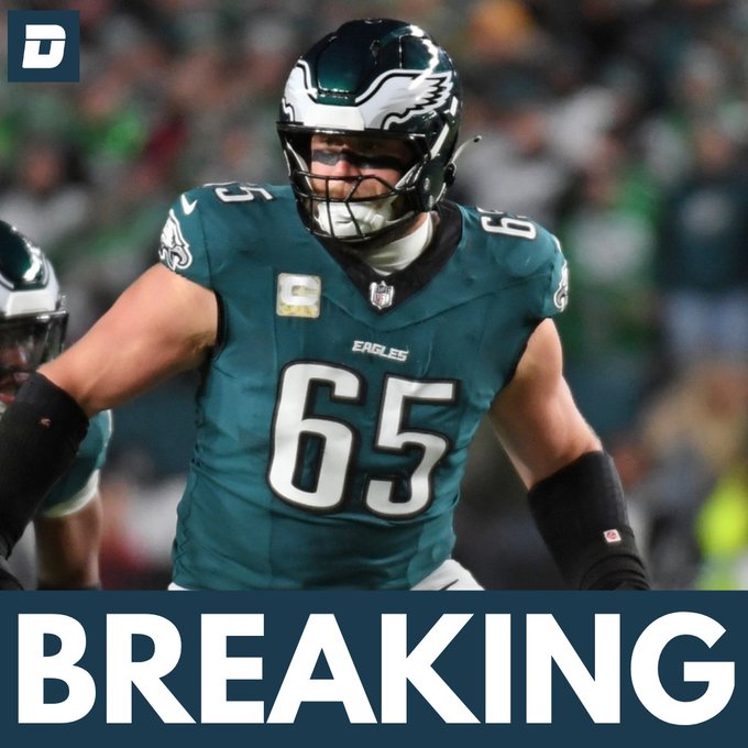 Philadelphia Eagles offensive lineman #65 Lane Johnson, wearing his teal jersey with the captain's "C" patch, is shown in action during a game. The "BREAKING" banner at the bottom of the image highlights the news of his retirement announcement, while the post notes the Eagles now face just a 43% chance of making the NFL Playoffs per Kalshi.
