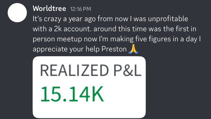 A Discord message from 'Worldtree' at 12:16 PM reading 'It's crazy a year ago from now I was unprofitable with a 2k account. around this time was the first in person meetup now I'm making five figures in a day I appreciate your help Preston 🙏', with an attached image showing 'REALIZED P&L 15.14K'.