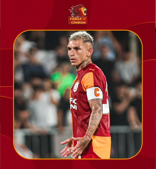 The image features a Galatasaray footballer with bleached blonde hair wearing the team's red and orange striped jersey with a captain's armband, accompanied by a "FORZA CIMBOM" lion logo at the top. The caption relates to Lucas Torreira, the Galatasaray captain shown, who is expected to be rested during the Kasımpaşa match according to the accompanying post.