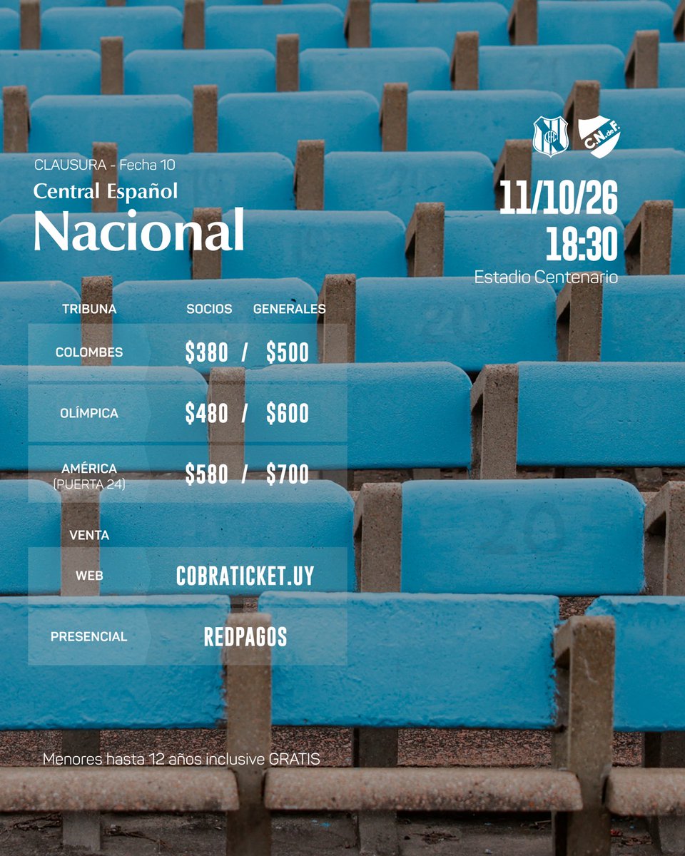 Nacional's tweet photo. 🎟️ 𝗘𝗡𝗧𝗥𝗔𝗗𝗔𝗦 🆚 𝗖𝗘𝗡𝗧𝗥𝗔𝗟 𝗘𝗦𝗣𝗔𝗡̃𝗢𝗟

🏆 @LigaAUF 
⚽️ Torneo Clausura | Fecha 10

✅ Ya se encuentran habilitadas las entradas para el partido del domingo 11/10 en el Estadio Centenario 🏟️

📲 Conseguí la tuya acá: https://t.co/yIVXNjhNfX https://t.co/g1gP98rmLL