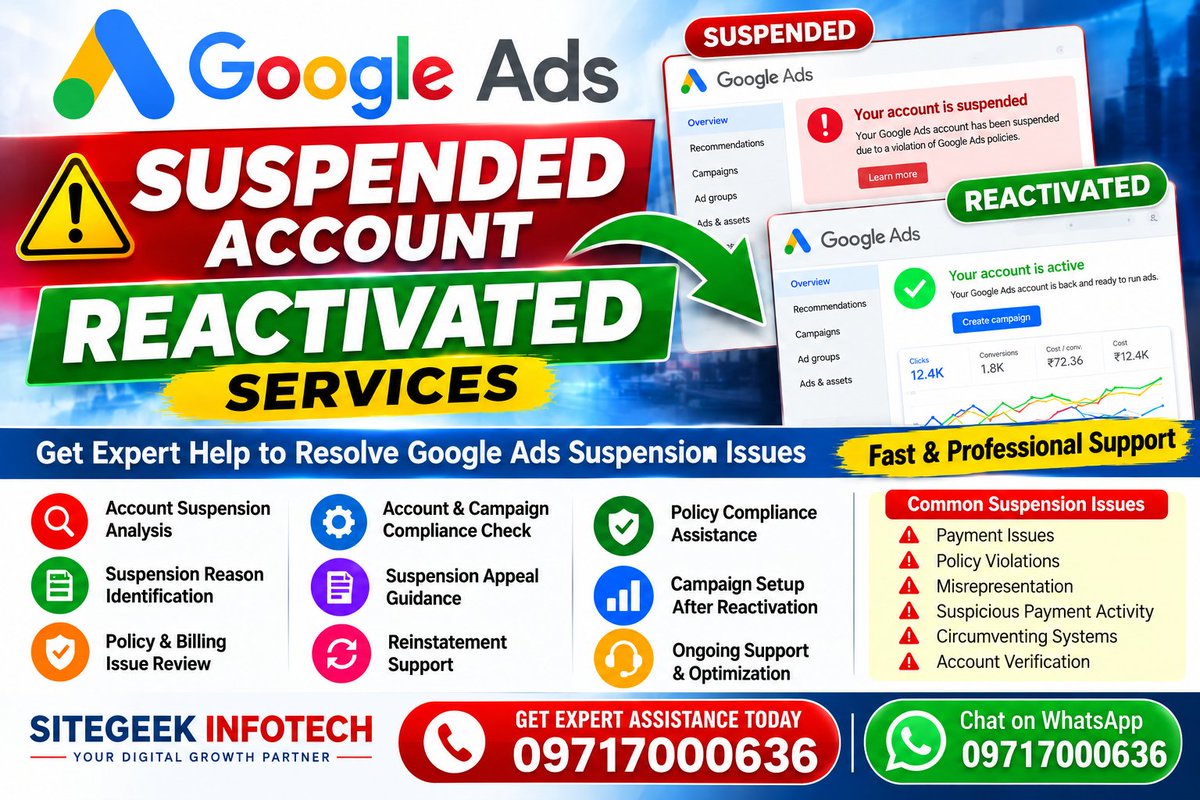 sitegeekinc's tweet photo. 🚨 Google Ads Account Suspended?
A suspended Google Ads account can stop your campaigns, leads, and sales.
#GoogleAds #GoogleAdsSuspended #GoogleAdsSupport #GoogleAdsReactivation #GoogleAdsExpert #PPC #PPCMarketing #GoogleAdsManagement #DigitalMarketing #PaidAdvertising https://t.co/QBNuGMRHgv