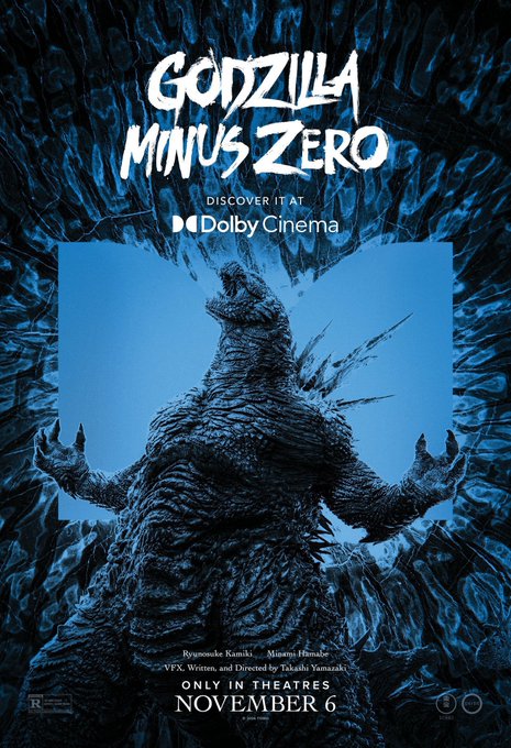 Movie poster for 'GODZILLA MINUS ZERO' showing a menacing Godzilla-like creature, promoting a Dolby Cinema release on November 6, written by Ryunosuke Kamiki and Minami Hamabe, VFX directed by Takashi Yamazaki.