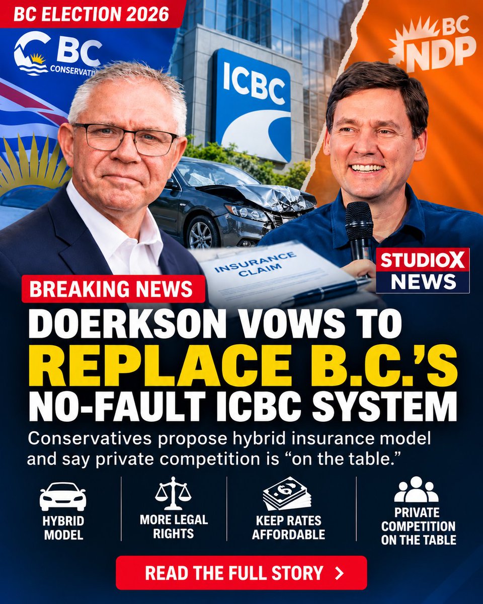 studioxnews's tweet photo. Conservative government would replace B.C.โs no-fault ICBC system with a hybrid model and keep private auto insurance competition โon the table.โ
https://t.co/8MDi1vJAve
#BCPolitics #BCElection2026 #ICBC #BCConservatives #BCNDP #StudioXNews https://t.co/SakH26bC2C