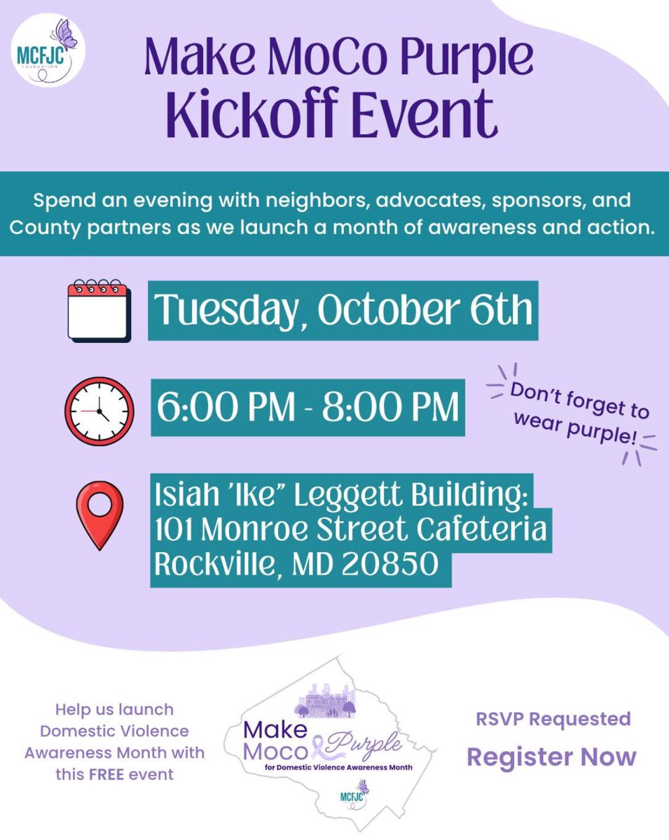 MontgomeryCoMD's tweet photo. 💜 Today: Help us kick off #MakeMoCoPurple for Domestic Violence Awareness Month. Join us from 6-8 p.m. at the Ike Leggett Executive Office Building in Rockville to raise awareness and learn about resources available in our community. https://t.co/hdf73mEa2Z