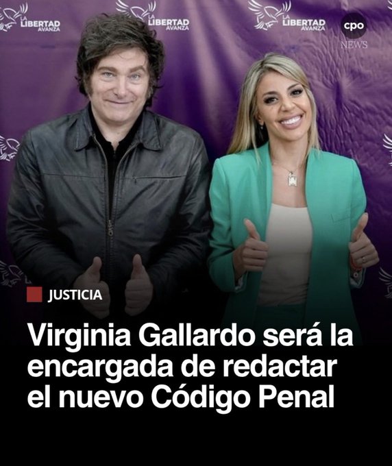 A news graphic featuring Javier Milei and a smiling woman giving thumbs up, with text reading 'JUSTICIA: Virginia Gallardo será la encargada de redactar el nuevo Código Penal' and the logo for 'Libertad Avanza'.