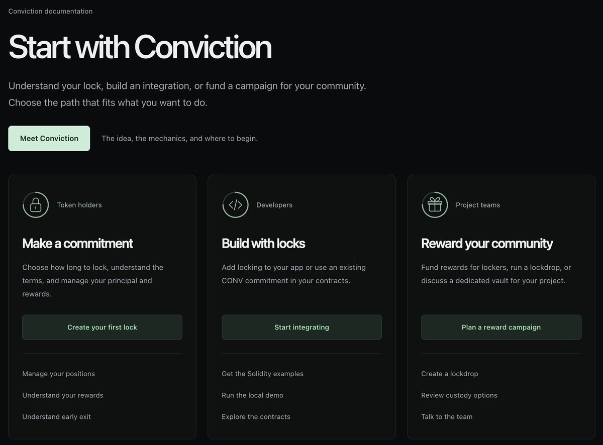 ConvictionLock's tweet photo. Docs refresh

We’ve made it easier to build with Conviction and understand what happens to your tokens when you lock them.

It is now super easy to integrate Conviction locks into your existing app:
The docs now include working integration examples, interactive demos, and guides to rewards, early exits and community campaigns.

https://t.co/xCXhV5jmfF