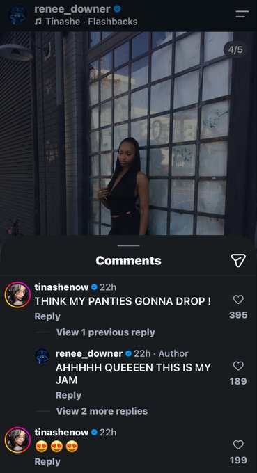 An Instagram post by renee_downer features a woman standing by a window, with comments including 'THINK MY PANTIES GONNA DROP!' and the author responding 'AHHHHH QUEEEN THIS IS MY JAM'.