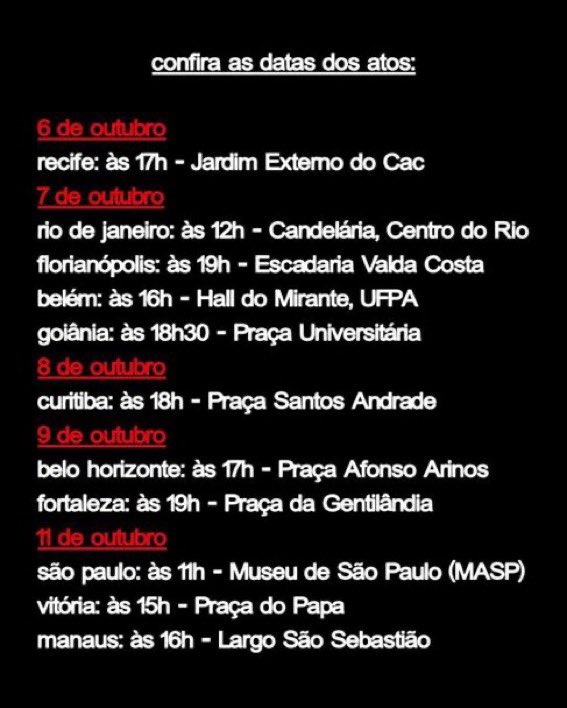 acervothatcher's tweet photo. Pessoal, sabemos que toda uma história é luta está em risco com o resultado dessas eleições. Não podemos desistir, nem perder a esperança, vamos lutar ATÉ o final e dia 25 eleger nosso presidente Lula.

VAMOS AS RUAS: DATAS E LOCAIS ABAIXO! ❤️⭐️

#FandomsComLula https://t.co/0YVNNVGGzC